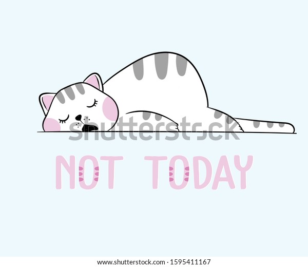 今日ではない漫画の文字を使ったかわいい白い眠り猫のベクターイラスト 口を開けたなまけ太って面白い家庭猫 のかわいいアニメスタイル のベクター画像素材 ロイヤリティフリー