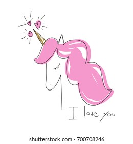 Vector illustration of a cute white unicorn with a pink mane. Print, sticker, poster, postcard.