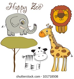 vector illustration of cute wild animal set including giraffe, zebra, lion and elephant