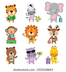 Vector illustration of cute wild animal tourists on vacation traveling with suitcases. The set includes a tiger, lion, elephant, zebra, monkey, deer, bear, hippo, and giraffe.
