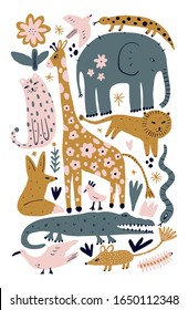 Vector illustration cute wild safari African animals  Including leopard  lion  giraffe  fox  birds  snake  salamander lizard   more  Funny cartoon doodle characters in scandinavian style  Kids