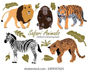 Vector illustration of cute wild safari African animals. Including , lion, leopard, zebra, tiger, monkey with cub Funny cartoon doodle characters in scandinavian style. Kids