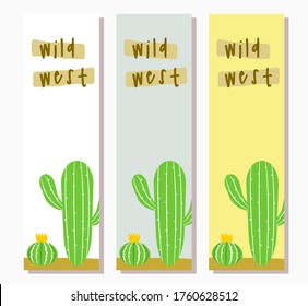 Vector illustration of cute wild west cactus doodle bookmarks. Printable colorful floral bookmark for novel, notes organizer, notebook.