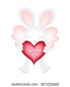 Vector illustration of a cute winged rabbit with a heart in honor of Valentine's Day isolated on white. For postcard, print.
