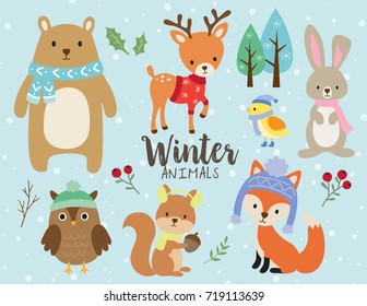 Vector illustration of cute winter animals including bear, deer, rabbit, bunny, owl, squirrel, bird and fox wearing winter outfits.