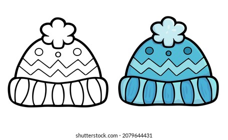 Vector illustration of cute winter hat on the white background. Black outline cartoon design. For coloring book, children game, education activity, drawing pastime, preschool painting task.