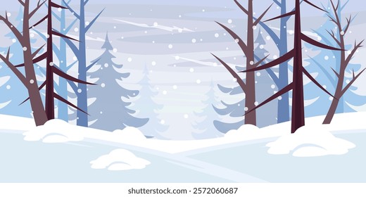 Vector illustration of a cute winter landscape. Cartoon scene of snowfall, plains covered with snow drifts, trees with trunks and bare branches, fir trees. Snowy forest background. Falling snowflakes.