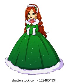 Vector illustration of cute winter princess wearing long green dress. Hand drawn girl with red hair. Can be used for games, children book, christmas cards etc.  