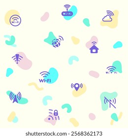 Vector illustration of a cute Wireless Technology. Collection of Signal, basic, infographic, wifi, internet, connection, wifi free, network, smartphone and other elements. Isolated on beige.