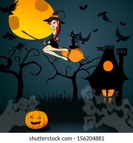 Vector illustration of a cute witch with black cat flying on a broom in front of the full Moon - Halloween concept