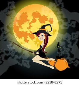 Vector illustration of a cute witch with black cat flying on a broom in front of the full Moon - Halloween concept