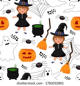 Vector illustration cute witch, cauldron with potion, pumpkin, spider web on white background seamless pattern creative website background design Wallpaper covers wrappers