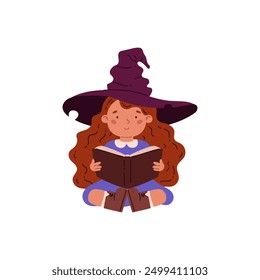 Vector illustration of a cute witch character with red hair wearing a wizard's hat reading a book of spells while sitting. Design element for Halloween. Isolated background, cartoon flat style.