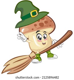 vector illustration of a cute witch mushroom mascot flying on a broomstick