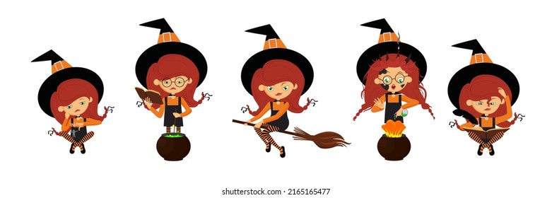 Vector illustration of cute witches on white background. Charming characters in different poses playing with a puppet, brewing a potion, flying on a broomstick, the potion exploded in cartoon style.