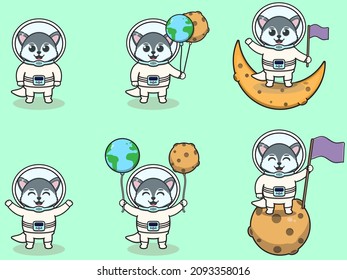 Vector Illustration of Cute Wolf with an astronaut costume. Funny Wolf Wearing Astronaut Costumes or Spacesuit Vector Set. Flat Cartoon Style.