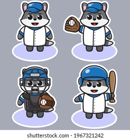 Ilustración vectorial de la tierna caricatura de Wolf Baseball. Conjunto de diseño de caracteres de expresión de Lobo corto. Es bueno para el icono, logotipo, etiqueta, pegatina, clipart.