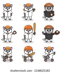 Vector Illustration of Cute Wolf with Baseball costume. Set of cute Wolf characters.