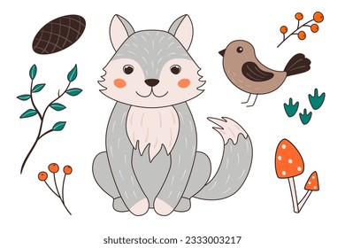 Vector illustration with cute wolf, bird, mushrooms, cone, twig in cartoon style. Forest animals and plants.