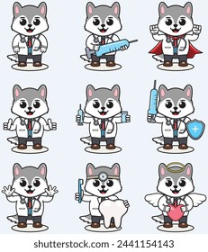 Ilustración vectorial de la tira cómica del lobo lindo con el traje del doctor. Conjunto de lindos personajes de lobo. Colección de pequeño lobo divertido.