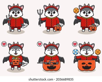 Vector illustration of cute Wolf with Devil costume. Wolf character vector design. Good for label, sticker, clipart.