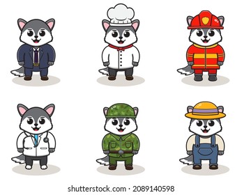 Vector illustration with cute Wolf of different professions. cute job Animal cartoon bundle set.