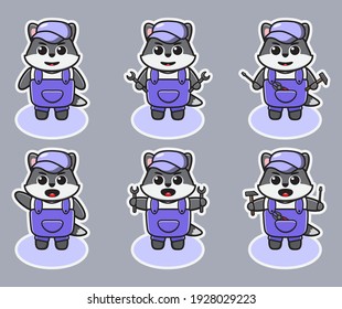 Vector illustration of cute Wolf Mechanic. Cute Wolf expression character design bundle. Good for icon, logo, label, sticker, clipart.