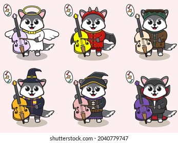 Vector illustration of cute Wolf play Cello. Wolf character vector design. Good for label, sticker, clipart.