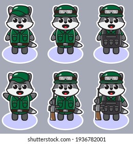 Ilustración vectorial de la tierna caricatura de Wolf Soldier. Conjunto de diseño de caracteres de expresión de Lobo corto. Es bueno para el icono, logotipo, etiqueta, pegatina, clipart.