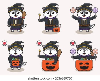 Vector illustration of cute Wolf with Witch costume. Wolf character vector design. Good for label, sticker, clipart.