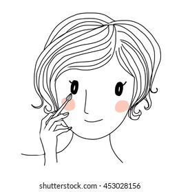 vector illustration - cute woman applying makeup on her face by using brush tipping around eye.