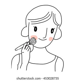 vector illustration - cute woman applying makeup on her face by using brush blushing to her cheeks.