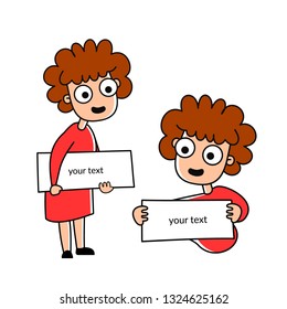 vector illustration of a cute woman with curly hair. beautiful kind woman holding a sign for your text