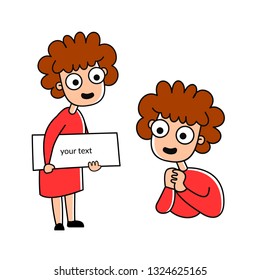 vector illustration of a cute woman with curly hair. beautiful kind woman holding a sign for your text