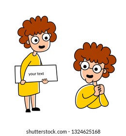 vector illustration of a cute woman with curly hair. beautiful kind woman holding a sign for your text