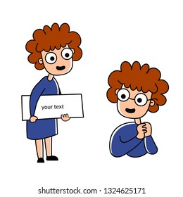 vector illustration of a cute woman with curly hair. beautiful kind woman holding a sign for your text