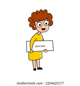 vector illustration of a cute woman with curly hair. beautiful kind woman holding a sign for your text