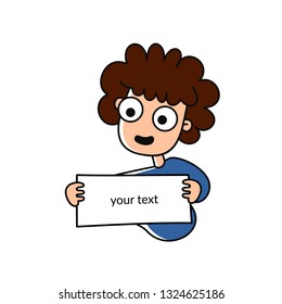 vector illustration of a cute woman with curly hair. beautiful kind woman holding a sign for your text