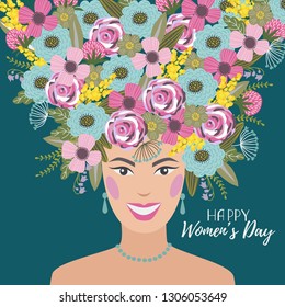 Vector illustration with cute woman and doodle flowers on a dark background