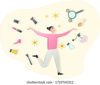 vector illustration of a cute woman enjoying her youth by dressing up.style flat cartoon.seamless beautiful cosmetics