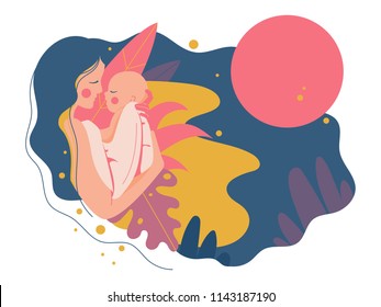 Vector illustration with cute woman and her baby. Happy motherhood.