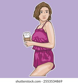 vector illustration of a cute woman in a nightgown carrying a coffee cup