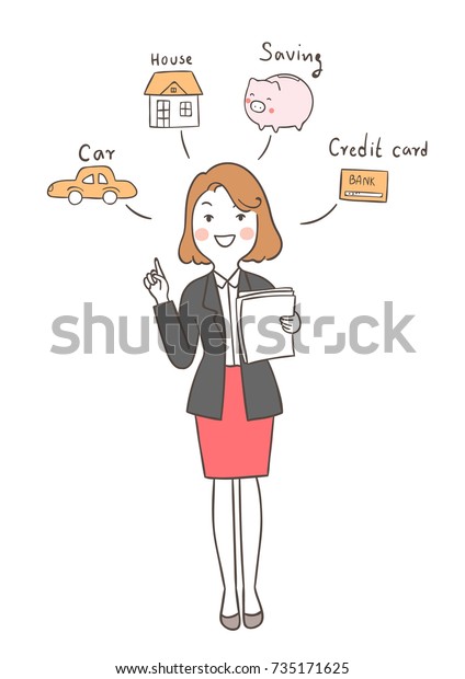 Vector illustration cute woman planning\
financial and saving money.Doodle cartoon\
style.