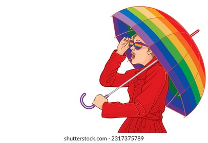 Vector illustration of cute woman in red raincoat holding rainbow umbrella,wearing pride sunglasses,LGBTQ+,phappy pride month celebration,isolated on white.Happy Equality Day for all genders.