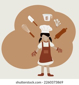 vector illustration  cute woman and Set of baking tools such as whisk, rolling pin, spatula, measuring spoons.