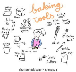 vector illustration - cute woman stirring batter in mixing bowl. Set of baking tools such as whisk, basting brush, oven, pancake ring, cake pan, rolling pin, spatula, measuring spoons, cookie cutters.