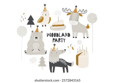 Vector illustration cute woodland animals celebrate birthday. Children's birthday party design. Bear, owl, deer, wolf. Festive elements. Woodland Party. Animals characters for kids. Scandinavian.