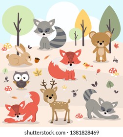 Vector illustration of cute woodland forest animals including deer, rabbit, bear, fox, raccoon, bird, owl