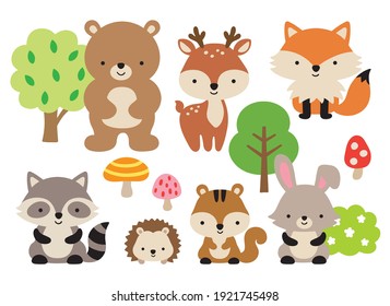 Vector Illustration Of Cute Woodland Forest Animals Including A Bear, Deer, Fox, Raccoon, Hedgehog, Squirrel, And Rabbit.