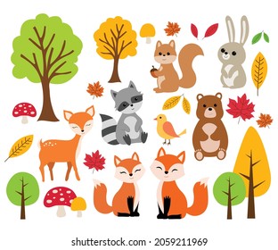 Vector illustration of cute woodland forest animals including deer, rabbit, bear, fox, raccoon, bird, and squirrel. Set of animals isolated on white background.  